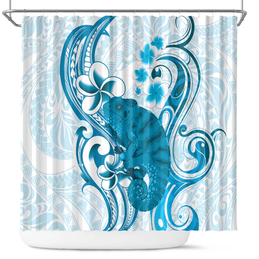 Cyan And White Hawaii Chameleon Shower Curtain Plumeria Polynesian Tribal Art