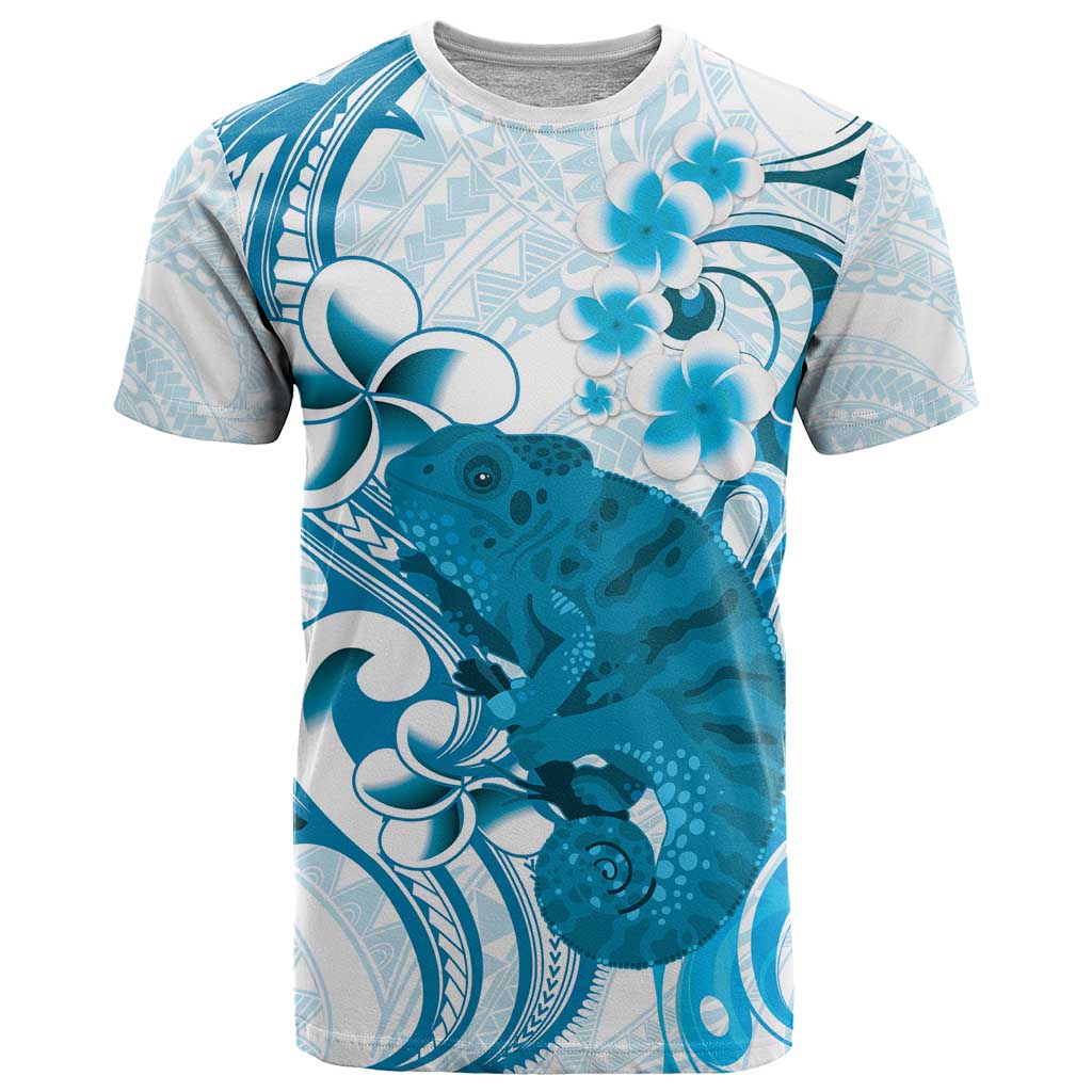 Cyan And White Hawaii Chameleon T Shirt Plumeria Polynesian Tribal Art