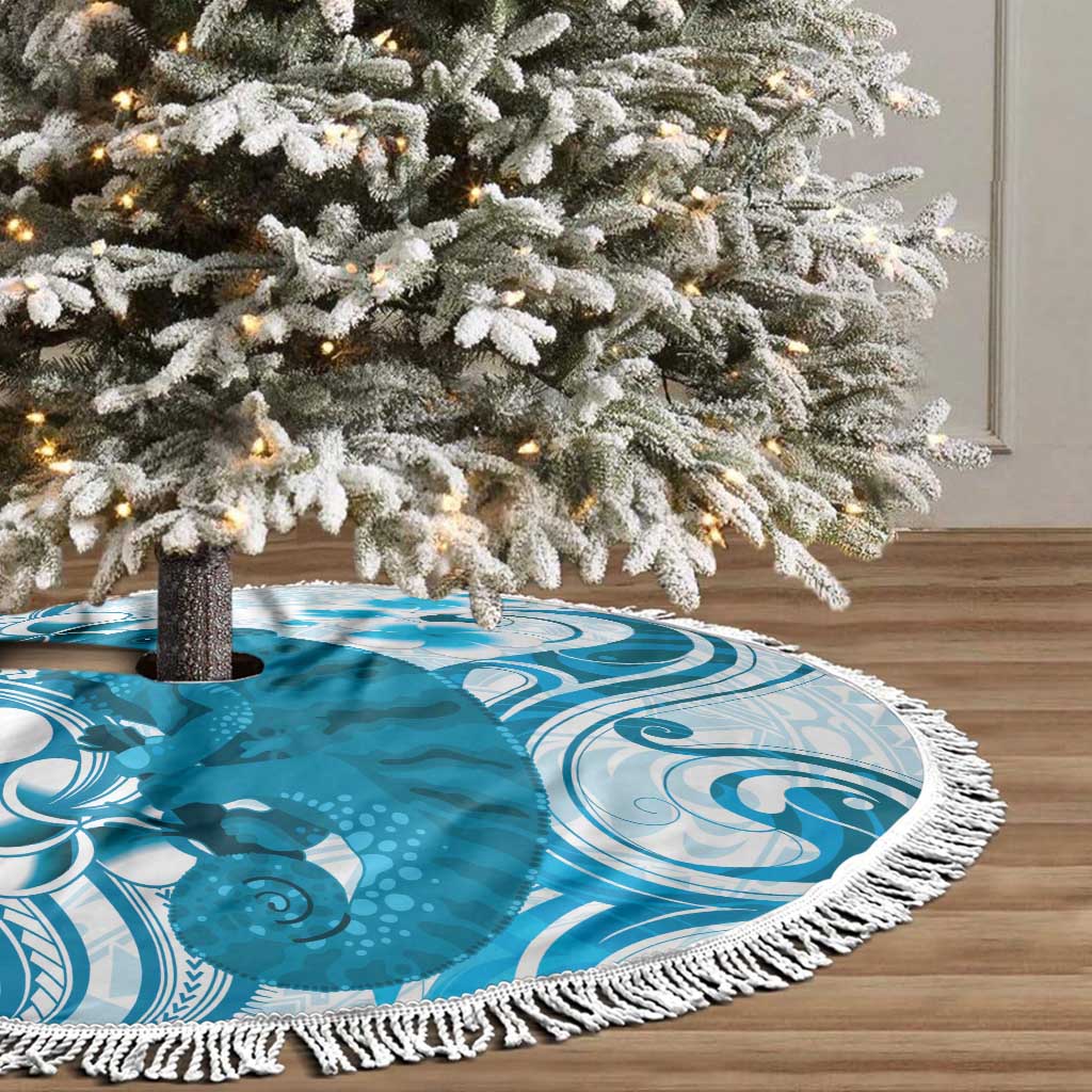 Cyan And White Hawaii Chameleon Tree Skirt Plumeria Polynesian Tribal Art