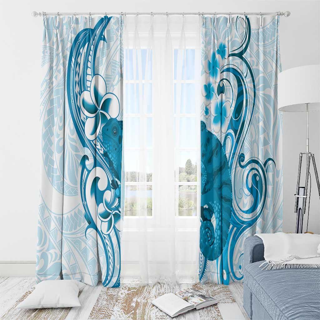 Cyan And White Hawaii Chameleon Window Curtain Plumeria Polynesian Tribal Art