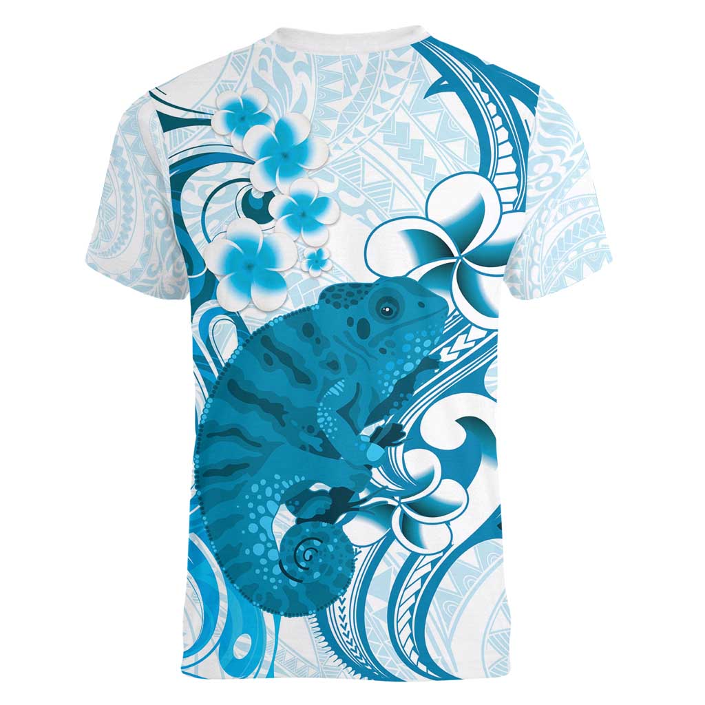 Cyan And White Hawaii Chameleon Women V-Neck T-Shirt Plumeria Polynesian Tribal Art LT14 - Polynesian Pride