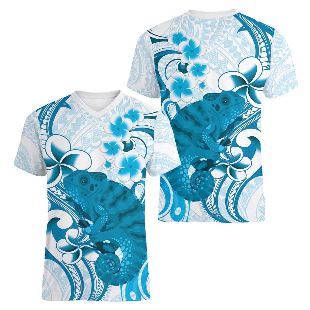 Cyan And White Hawaii Chameleon Women V-Neck T-Shirt Plumeria Polynesian Tribal Art LT14 - Polynesian Pride