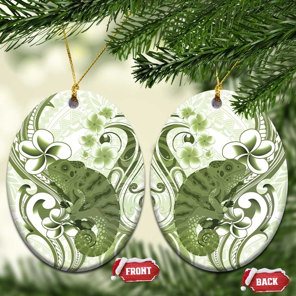 Green And White Hawaii Chameleon Ceramic Ornament Plumeria Polynesian Tribal Art LT14 Oval Lime Green - Polynesian Pride