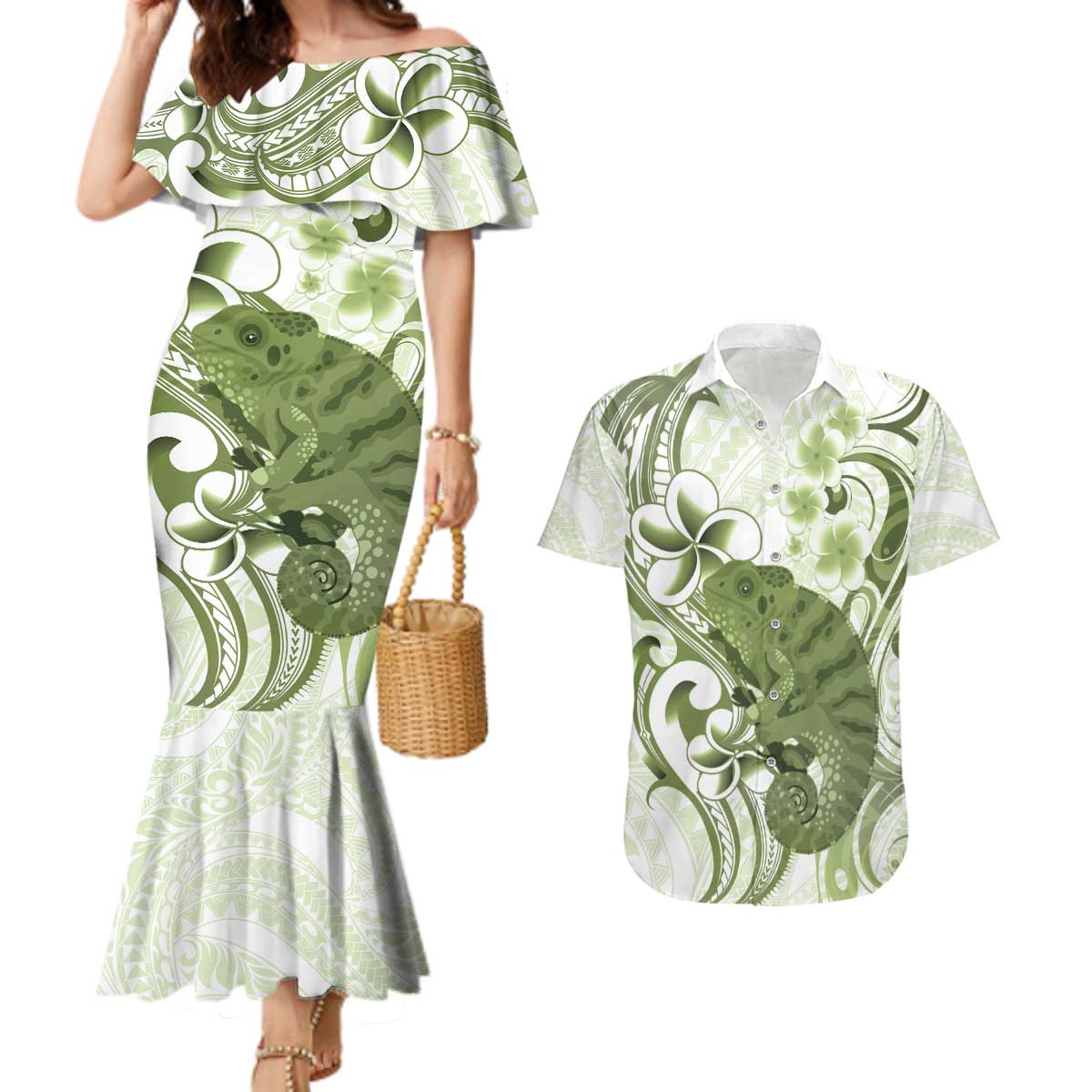 Green And White Hawaii Chameleon Couples Matching Mermaid Dress and Hawaiian Shirt Plumeria Polynesian Tribal Art