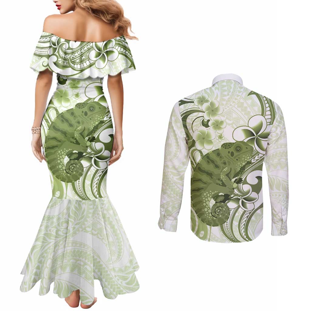 Green And White Hawaii Chameleon Couples Matching Mermaid Dress and Long Sleeve Button Shirt Plumeria Polynesian Tribal Art
