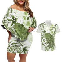 Green And White Hawaii Chameleon Couples Matching Off Shoulder Short Dress and Hawaiian Shirt Plumeria Polynesian Tribal Art