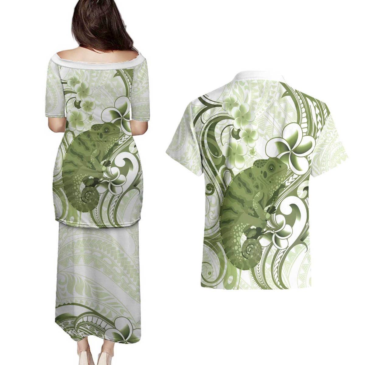 Green And White Hawaii Chameleon Couples Matching Puletasi and Hawaiian Shirt Plumeria Polynesian Tribal Art