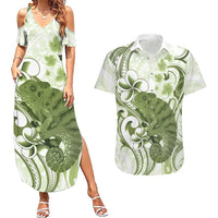 Green And White Hawaii Chameleon Couples Matching Summer Maxi Dress and Hawaiian Shirt Plumeria Polynesian Tribal Art