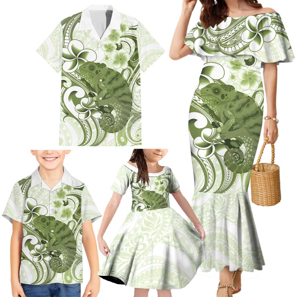 Green And White Hawaii Chameleon Family Matching Mermaid Dress and Hawaiian Shirt Plumeria Polynesian Tribal Art