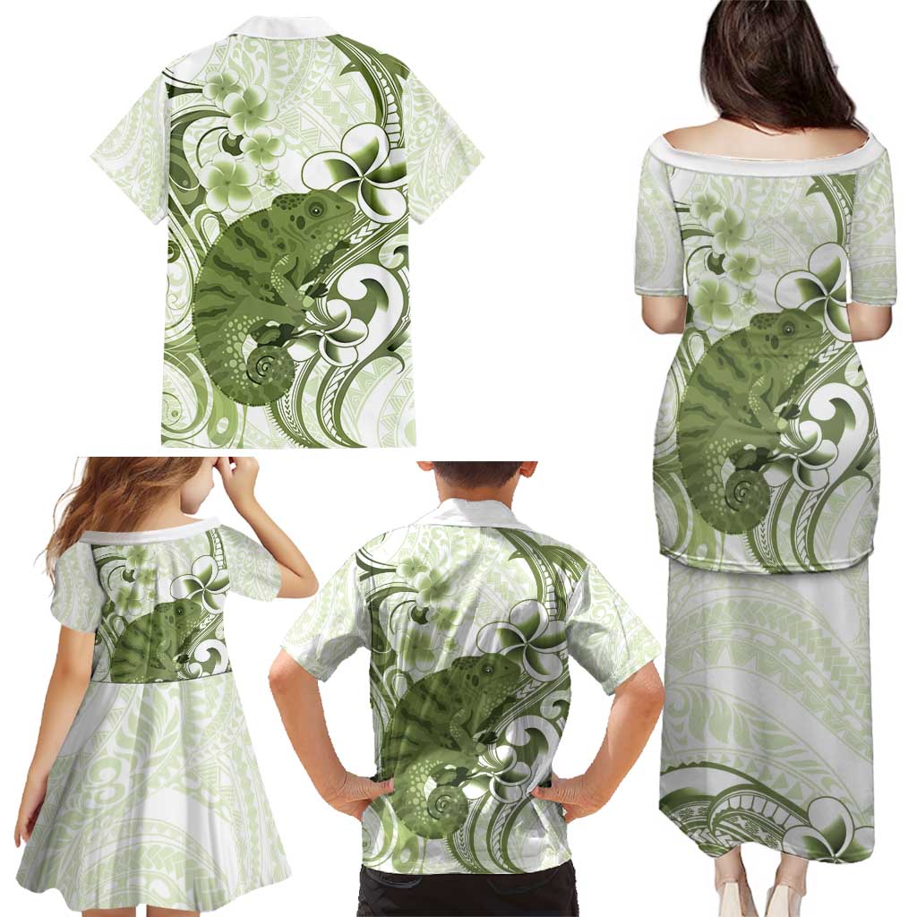 Green And White Hawaii Chameleon Family Matching Puletasi and Hawaiian Shirt Plumeria Polynesian Tribal Art