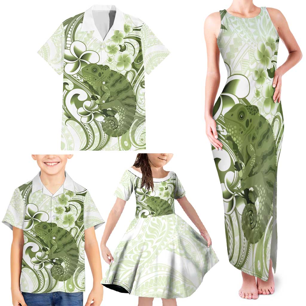 Green And White Hawaii Chameleon Family Matching Tank Maxi Dress and Hawaiian Shirt Plumeria Polynesian Tribal Art