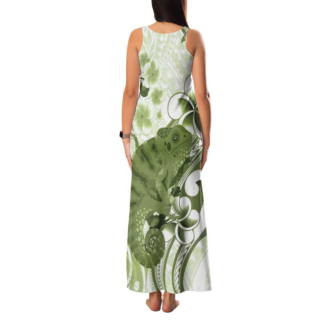Green And White Hawaii Chameleon Family Matching Tank Maxi Dress and Hawaiian Shirt Plumeria Polynesian Tribal Art