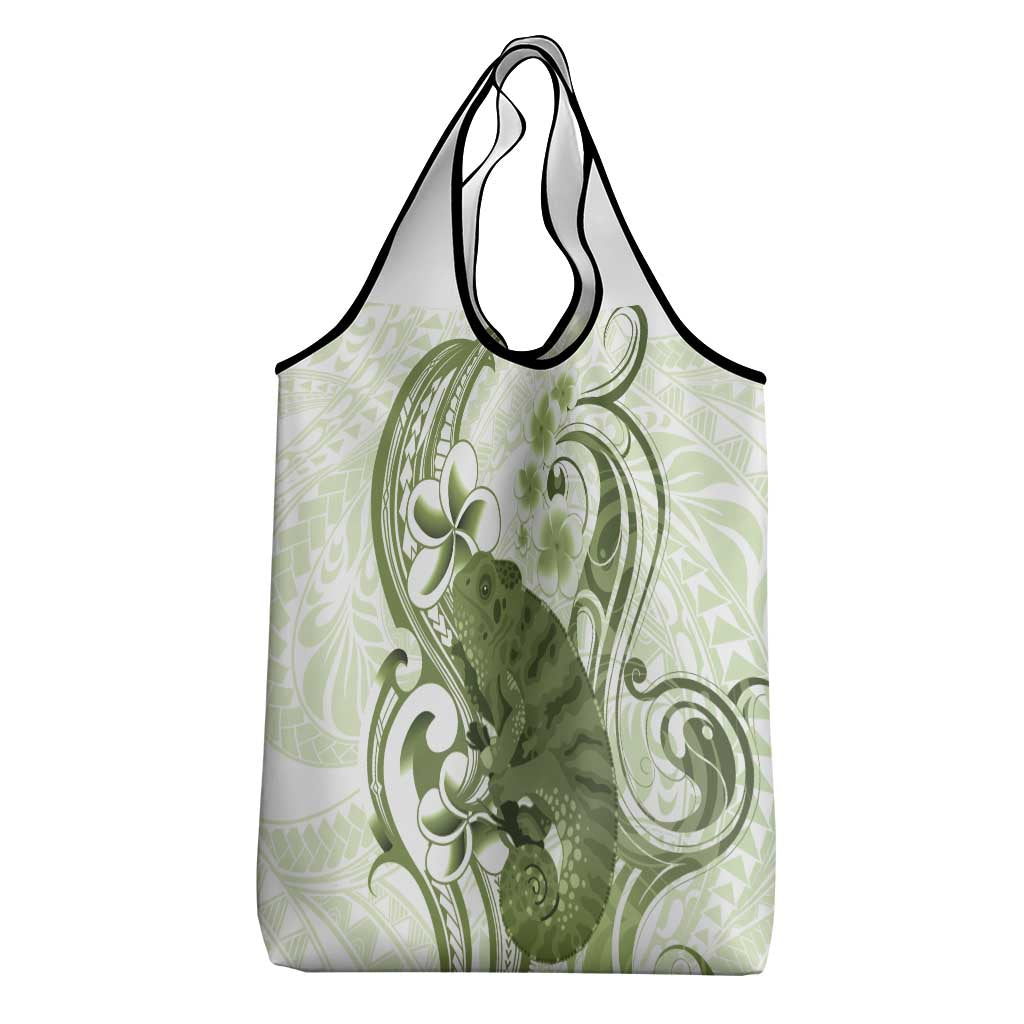 Green And White Hawaii Chameleon Grocery Bag Plumeria Polynesian Tribal Art