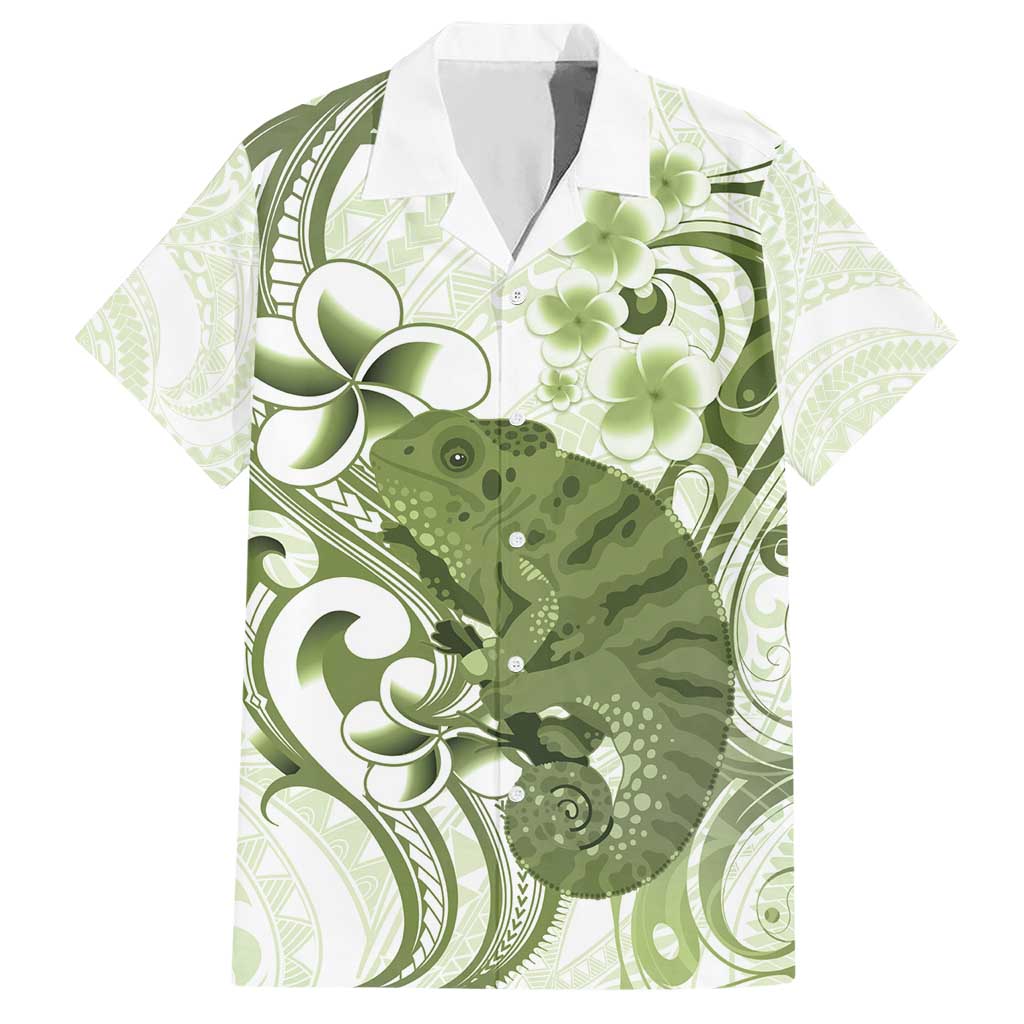 Green And White Hawaii Chameleon Hawaiian Shirt Plumeria Polynesian Tribal Art