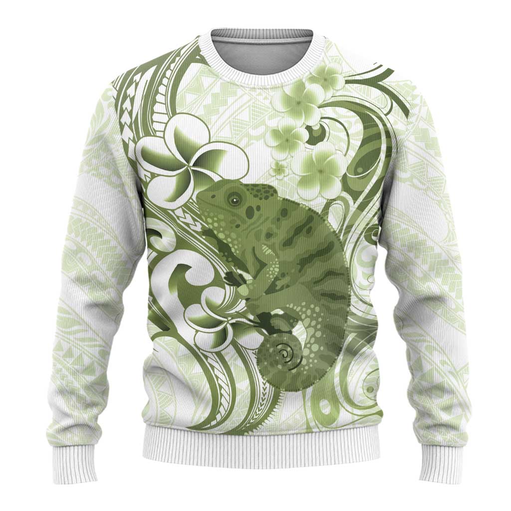 Green And White Hawaii Chameleon Ugly Christmas Sweater Plumeria Polynesian Tribal Art