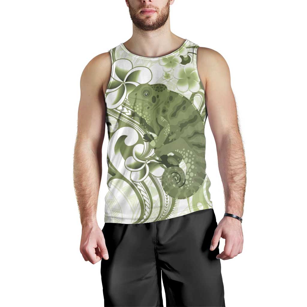 Green And White Hawaii Chameleon Men Tank Top Plumeria Polynesian Tribal Art