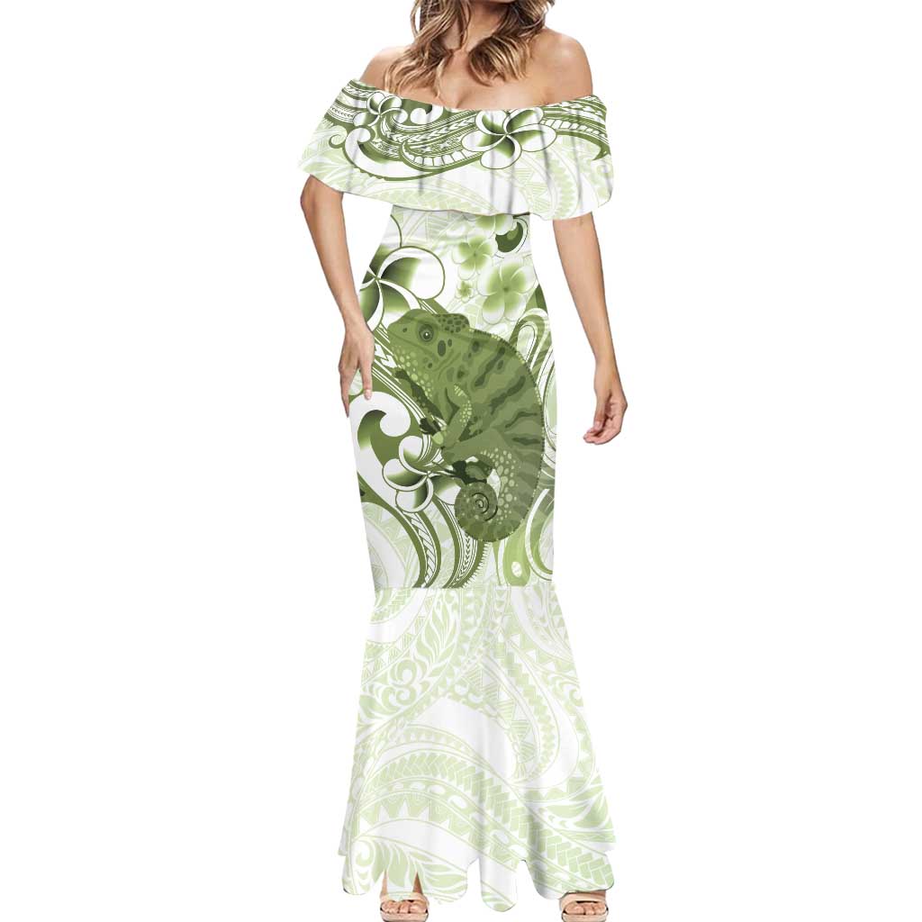 Green And White Hawaii Chameleon Mermaid Dress Plumeria Polynesian Tribal Art