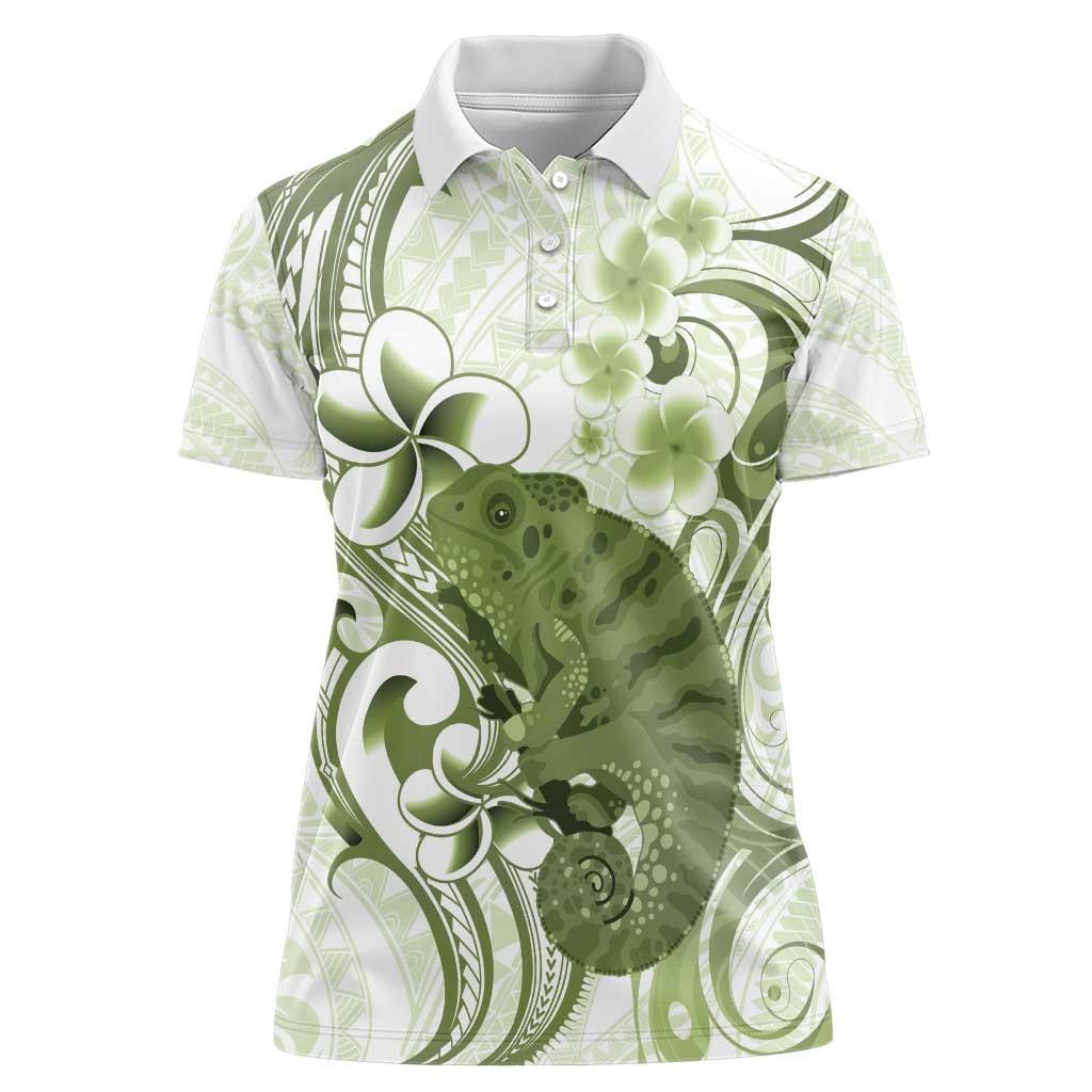 Green And White Hawaii Chameleon Women Polo Shirt Plumeria Polynesian Tribal Art