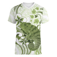 Green And White Hawaii Chameleon Women V-Neck T-Shirt Plumeria Polynesian Tribal Art LT14 Female Lime Green - Polynesian Pride