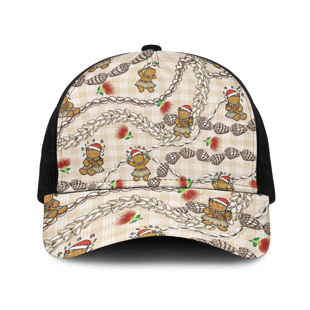 Beige Palaka Hawaii Mele Kalikimaka Baseball Net Cap Ohia Lehua Shell Leis Funny Gingerbread Santa - Polynesian Pride