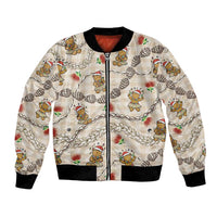 Beige Palaka Hawaii Mele Kalikimaka Bomber Jacket Ohia Lehua Shell Leis Funny Gingerbread Santa - Polynesian Pride