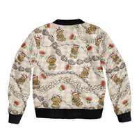 Beige Palaka Hawaii Mele Kalikimaka Bomber Jacket Ohia Lehua Shell Leis Funny Gingerbread Santa - Polynesian Pride