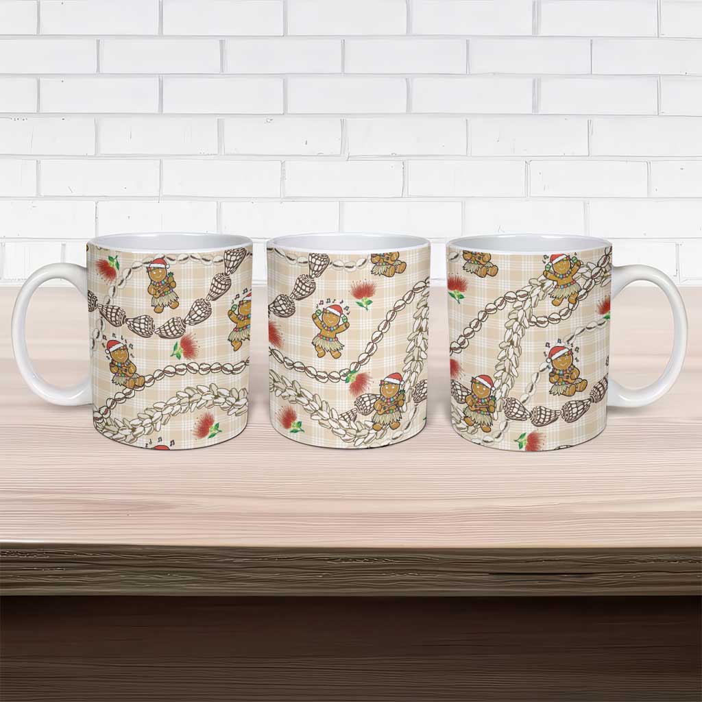 Beige Palaka Hawaii Mele Kalikimaka Ceramic Mug Ohia Lehua Shell Leis Funny Gingerbread Santa - Polynesian Pride