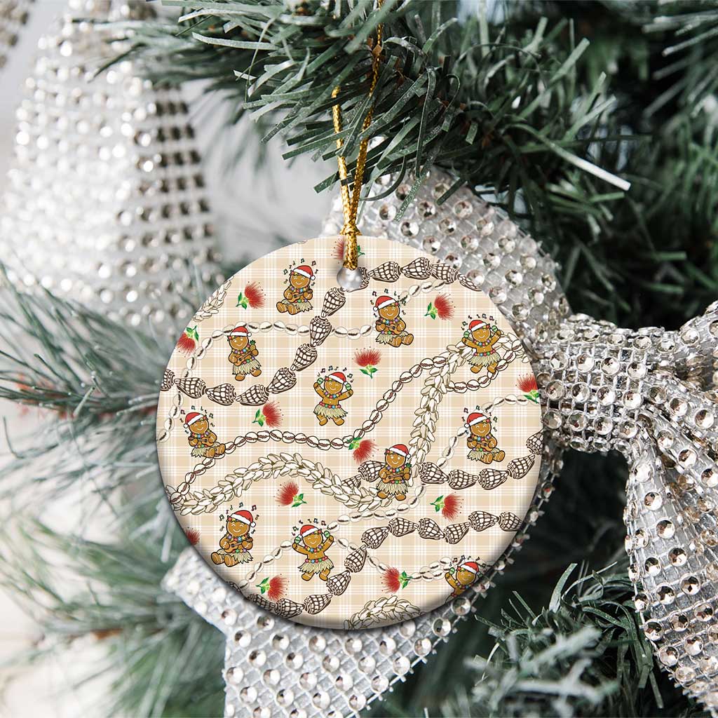 Beige Palaka Hawaii Mele Kalikimaka Ceramic Ornament Ohia Lehua Shell Leis Funny Gingerbread Santa - Polynesian Pride