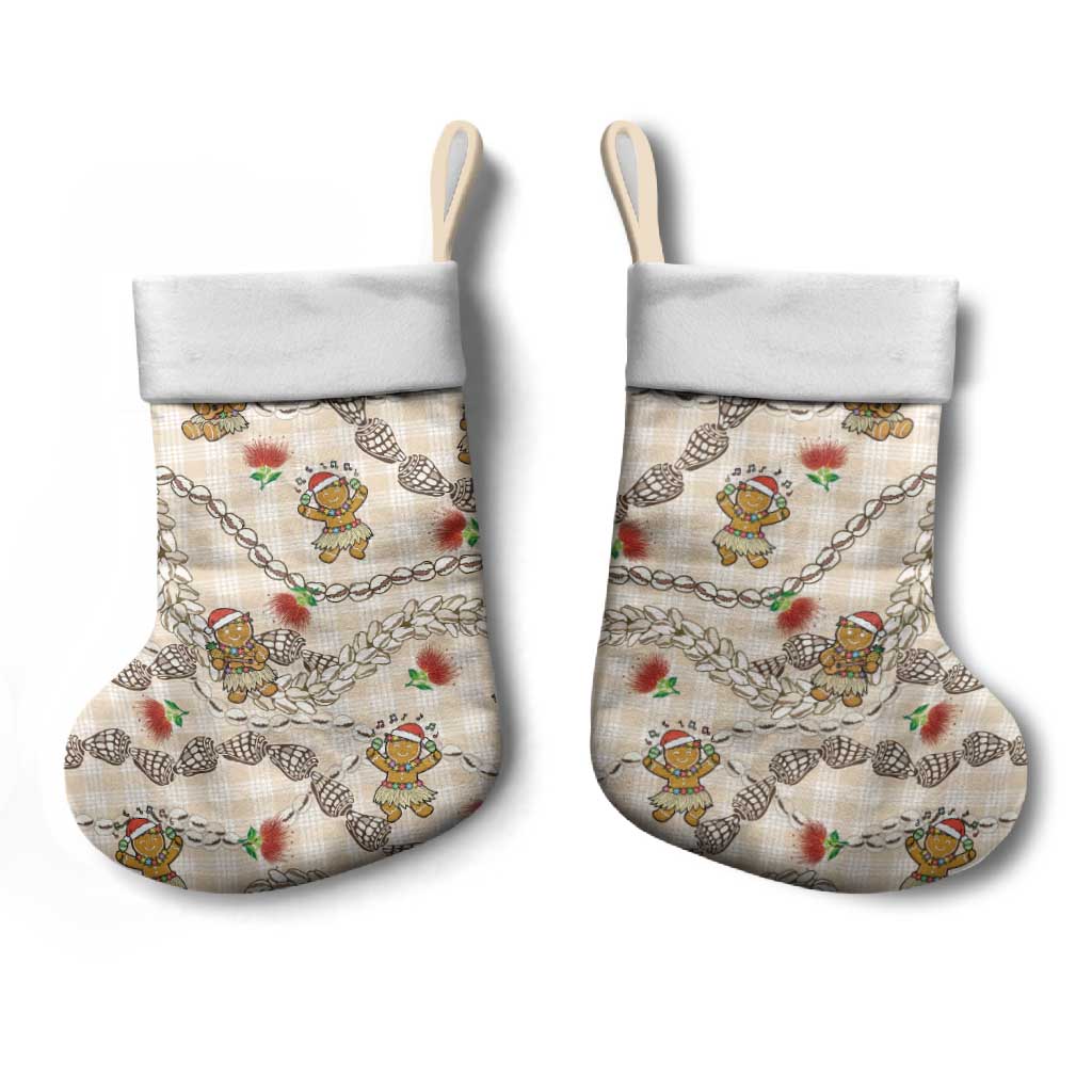 Beige Palaka Hawaii Mele Kalikimaka Christmas Stocking Ohia Lehua Shell Leis Funny Gingerbread Santa - Polynesian Pride