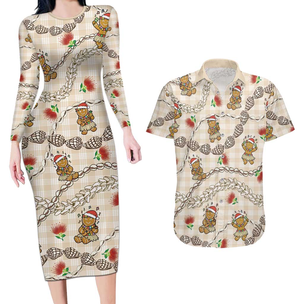 Beige Palaka Hawaii Mele Kalikimaka Couples Matching Long Sleeve Bodycon Dress and Hawaiian Shirt Ohia Lehua Shell Leis Funny Gingerbread Santa LT14 Beige - Polynesian Pride