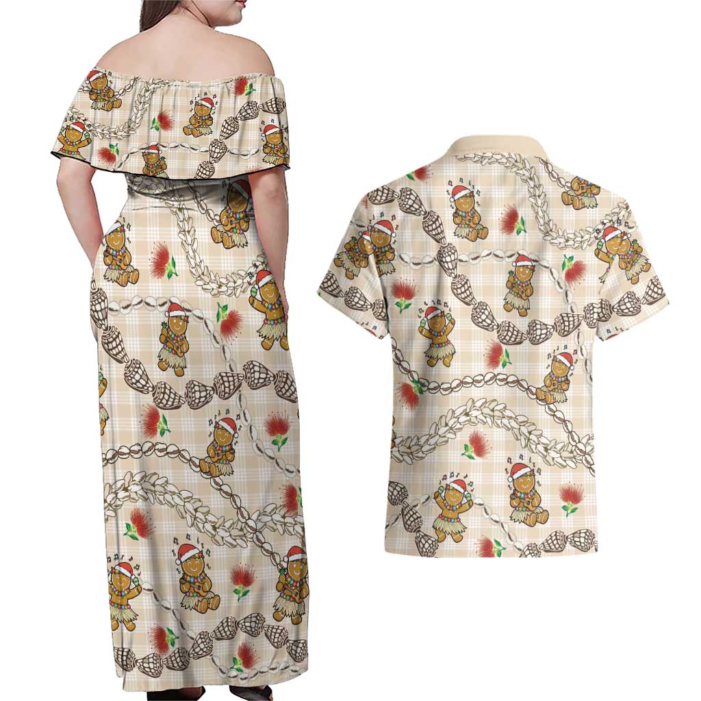 Beige Palaka Hawaii Mele Kalikimaka Couples Matching Off Shoulder Maxi Dress and Hawaiian Shirt Ohia Lehua Shell Leis Funny Gingerbread Santa - Polynesian Pride