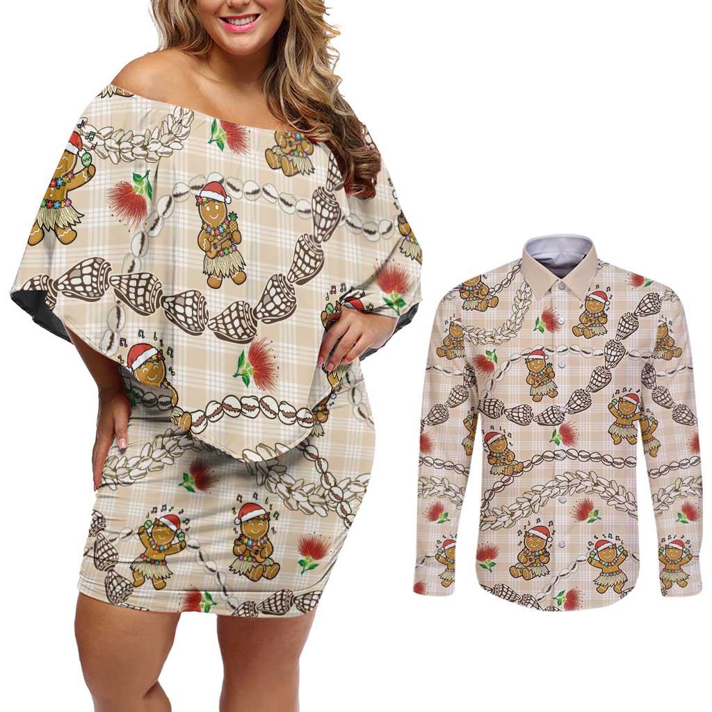 Beige Palaka Hawaii Mele Kalikimaka Couples Matching Off Shoulder Short Dress and Long Sleeve Button Shirt Ohia Lehua Shell Leis Funny Gingerbread Santa - Polynesian Pride