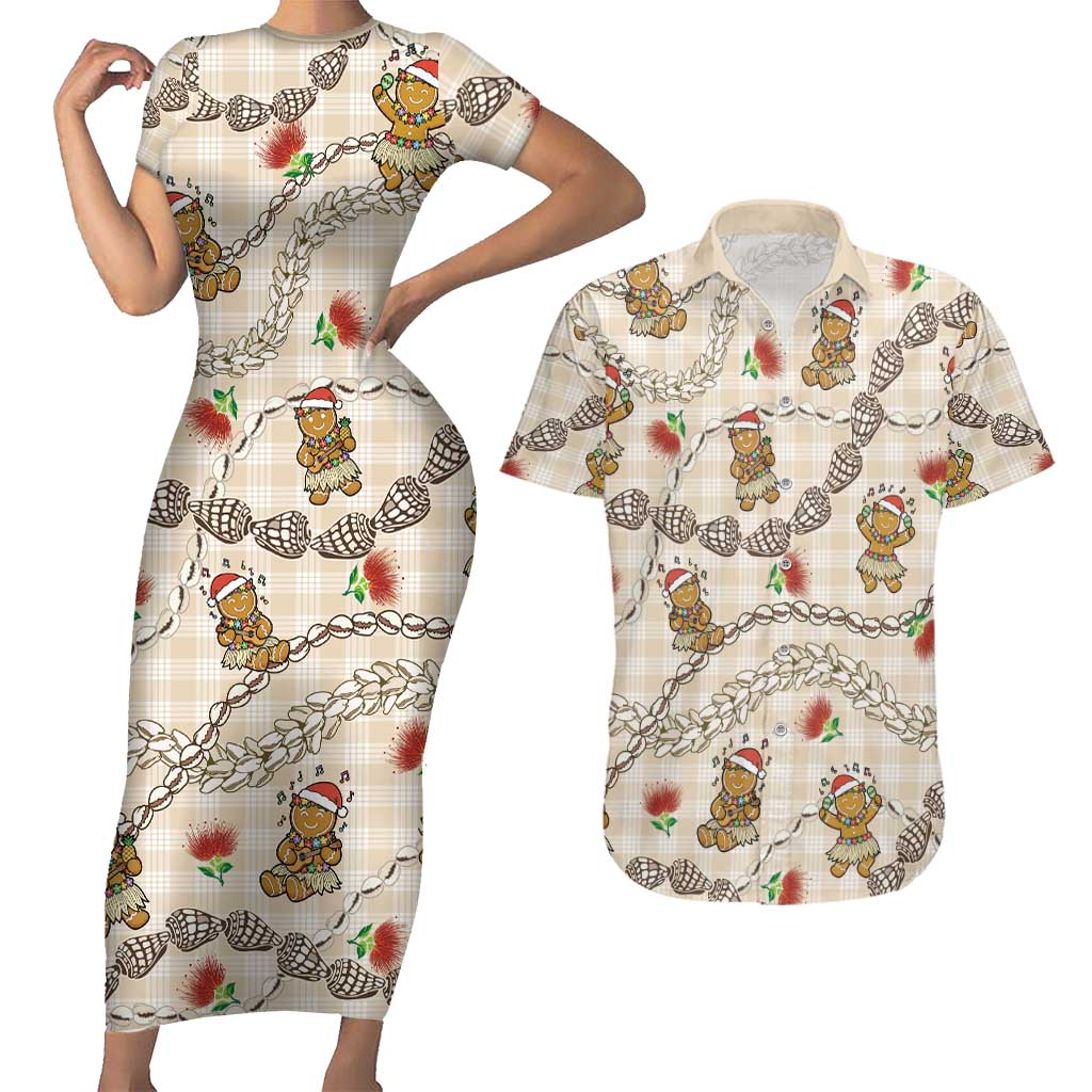 Beige Palaka Hawaii Mele Kalikimaka Couples Matching Short Sleeve Bodycon Dress and Hawaiian Shirt Ohia Lehua Shell Leis Funny Gingerbread Santa LT14 Beige - Polynesian Pride