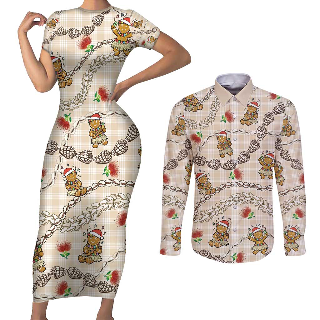 Beige Palaka Hawaii Mele Kalikimaka Couples Matching Short Sleeve Bodycon Dress and Long Sleeve Button Shirt Ohia Lehua Shell Leis Funny Gingerbread Santa - Polynesian Pride