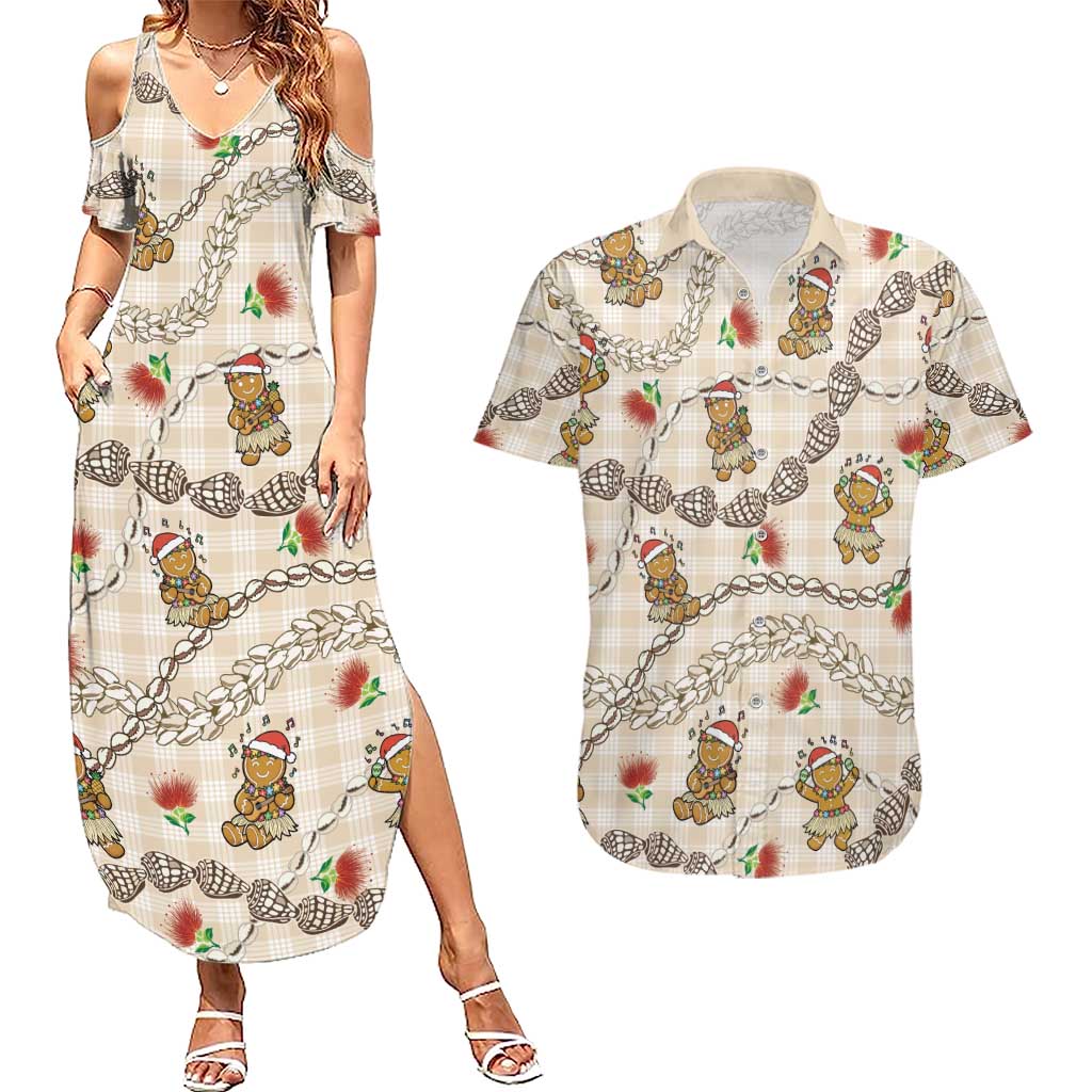 Beige Palaka Hawaii Mele Kalikimaka Couples Matching Summer Maxi Dress and Hawaiian Shirt Ohia Lehua Shell Leis Funny Gingerbread Santa - Polynesian Pride
