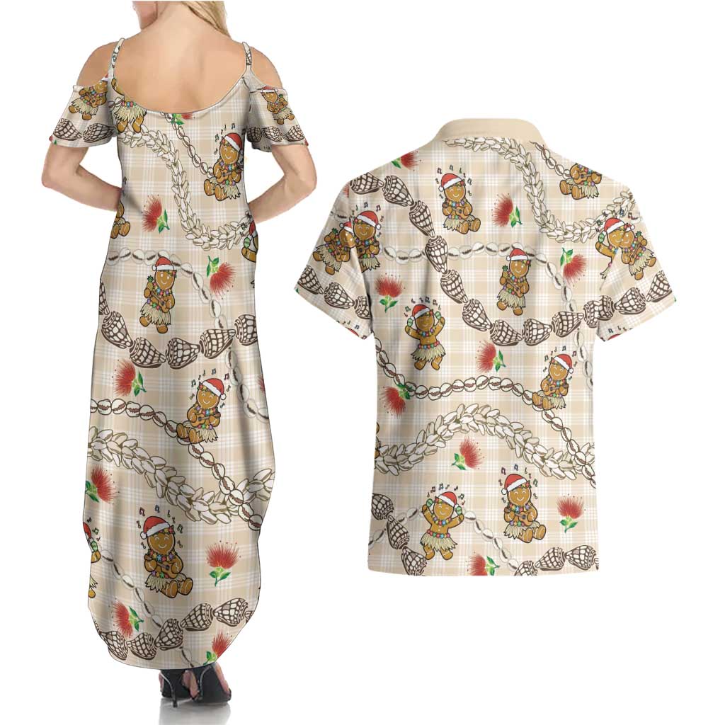 Beige Palaka Hawaii Mele Kalikimaka Couples Matching Summer Maxi Dress and Hawaiian Shirt Ohia Lehua Shell Leis Funny Gingerbread Santa - Polynesian Pride