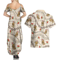 Beige Palaka Hawaii Mele Kalikimaka Couples Matching Summer Maxi Dress and Hawaiian Shirt Ohia Lehua Shell Leis Funny Gingerbread Santa - Polynesian Pride
