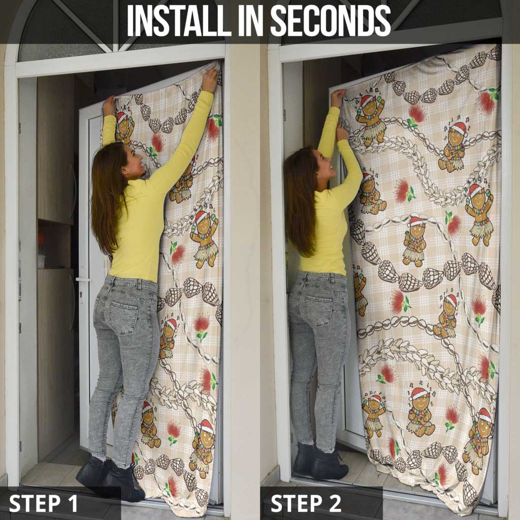 Beige Palaka Hawaii Mele Kalikimaka Door Cover Ohia Lehua Shell Leis Funny Gingerbread Santa - Polynesian Pride