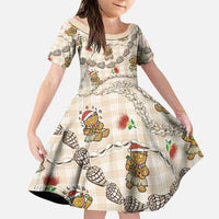 Beige Palaka Hawaii Mele Kalikimaka Family Matching Long Sleeve Bodycon Dress and Hawaiian Shirt Ohia Lehua Shell Leis Funny Gingerbread Santa LT14 Daughter's Dress Beige - Polynesian Pride