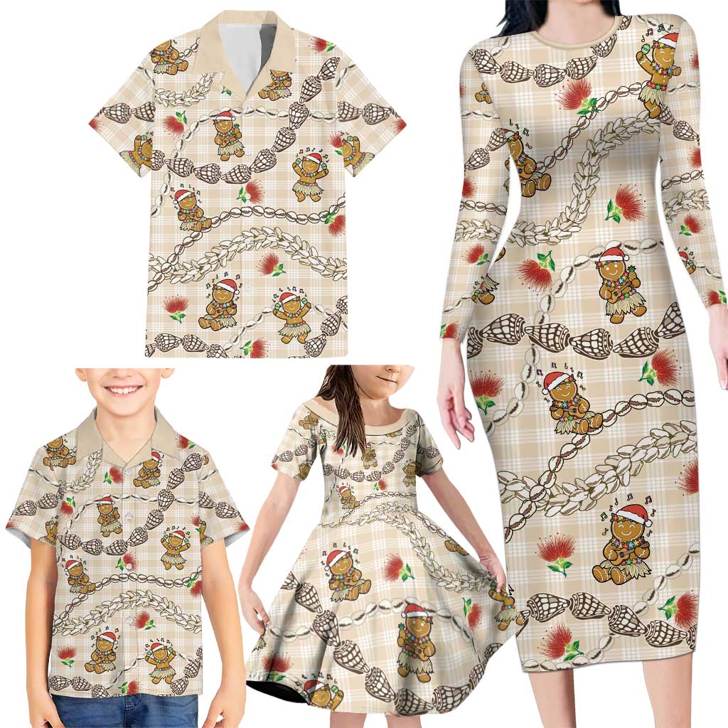 Beige Palaka Hawaii Mele Kalikimaka Family Matching Long Sleeve Bodycon Dress and Hawaiian Shirt Ohia Lehua Shell Leis Funny Gingerbread Santa LT14 - Polynesian Pride