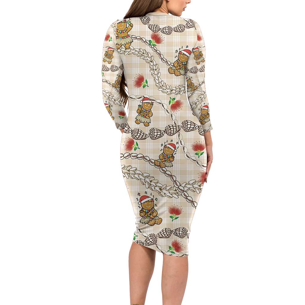 Beige Palaka Hawaii Mele Kalikimaka Family Matching Long Sleeve Bodycon Dress and Hawaiian Shirt Ohia Lehua Shell Leis Funny Gingerbread Santa LT14 - Polynesian Pride
