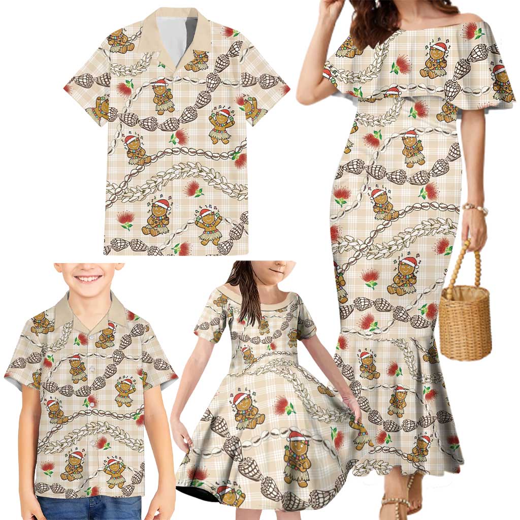 Beige Palaka Hawaii Mele Kalikimaka Family Matching Mermaid Dress and Hawaiian Shirt Ohia Lehua Shell Leis Funny Gingerbread Santa LT14 - Polynesian Pride