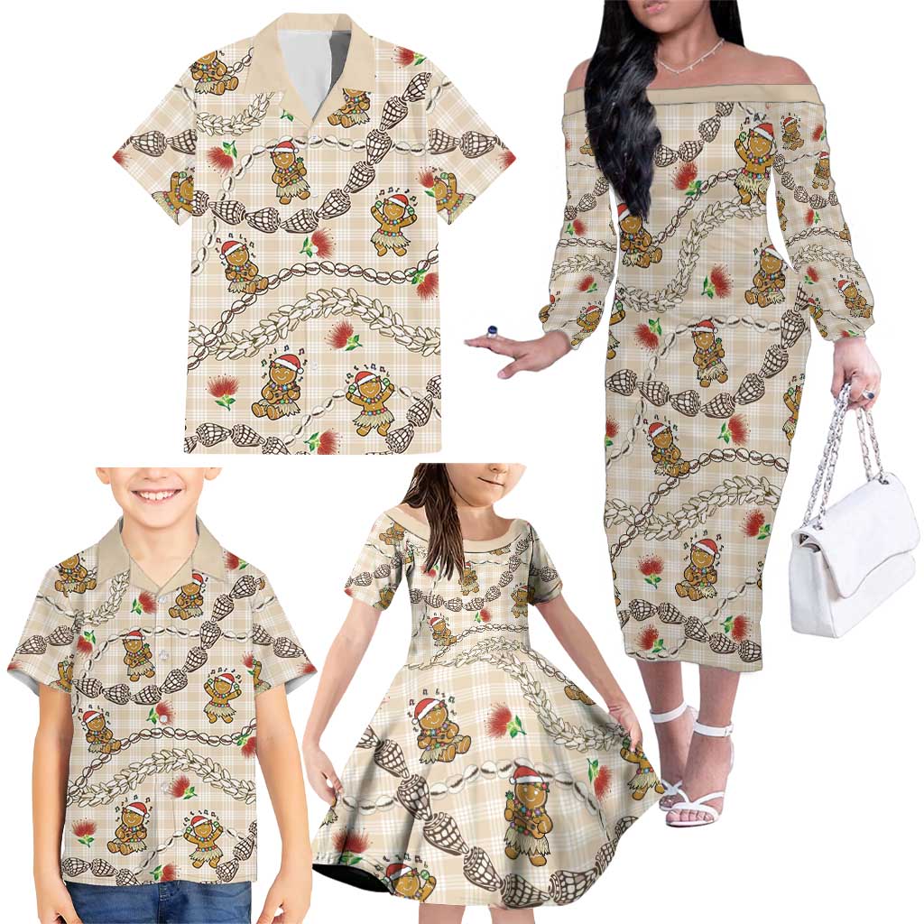 Beige Palaka Hawaii Mele Kalikimaka Family Matching Off The Shoulder Long Sleeve Dress and Hawaiian Shirt Ohia Lehua Shell Leis Funny Gingerbread Santa LT14 - Polynesian Pride