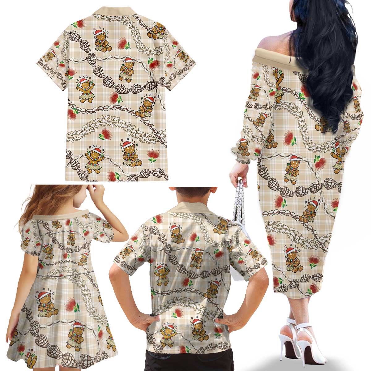 Beige Palaka Hawaii Mele Kalikimaka Family Matching Off The Shoulder Long Sleeve Dress and Hawaiian Shirt Ohia Lehua Shell Leis Funny Gingerbread Santa - Polynesian Pride
