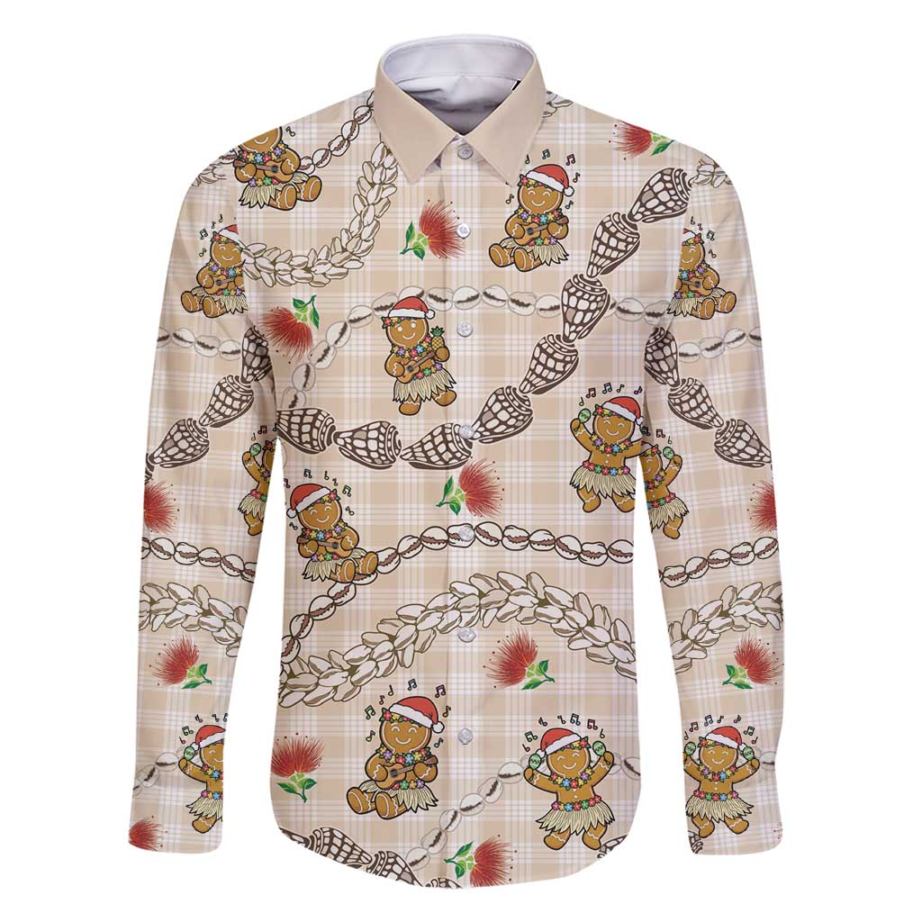 Beige Palaka Hawaii Mele Kalikimaka Family Matching Off Shoulder Maxi Dress and Hawaiian Shirt Ohia Lehua Shell Leis Funny Gingerbread Santa - Polynesian Pride