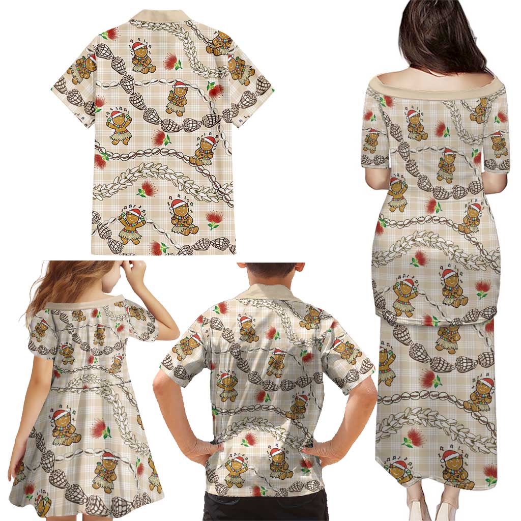 Beige Palaka Hawaii Mele Kalikimaka Family Matching Puletasi and Hawaiian Shirt Ohia Lehua Shell Leis Funny Gingerbread Santa LT14 - Polynesian Pride