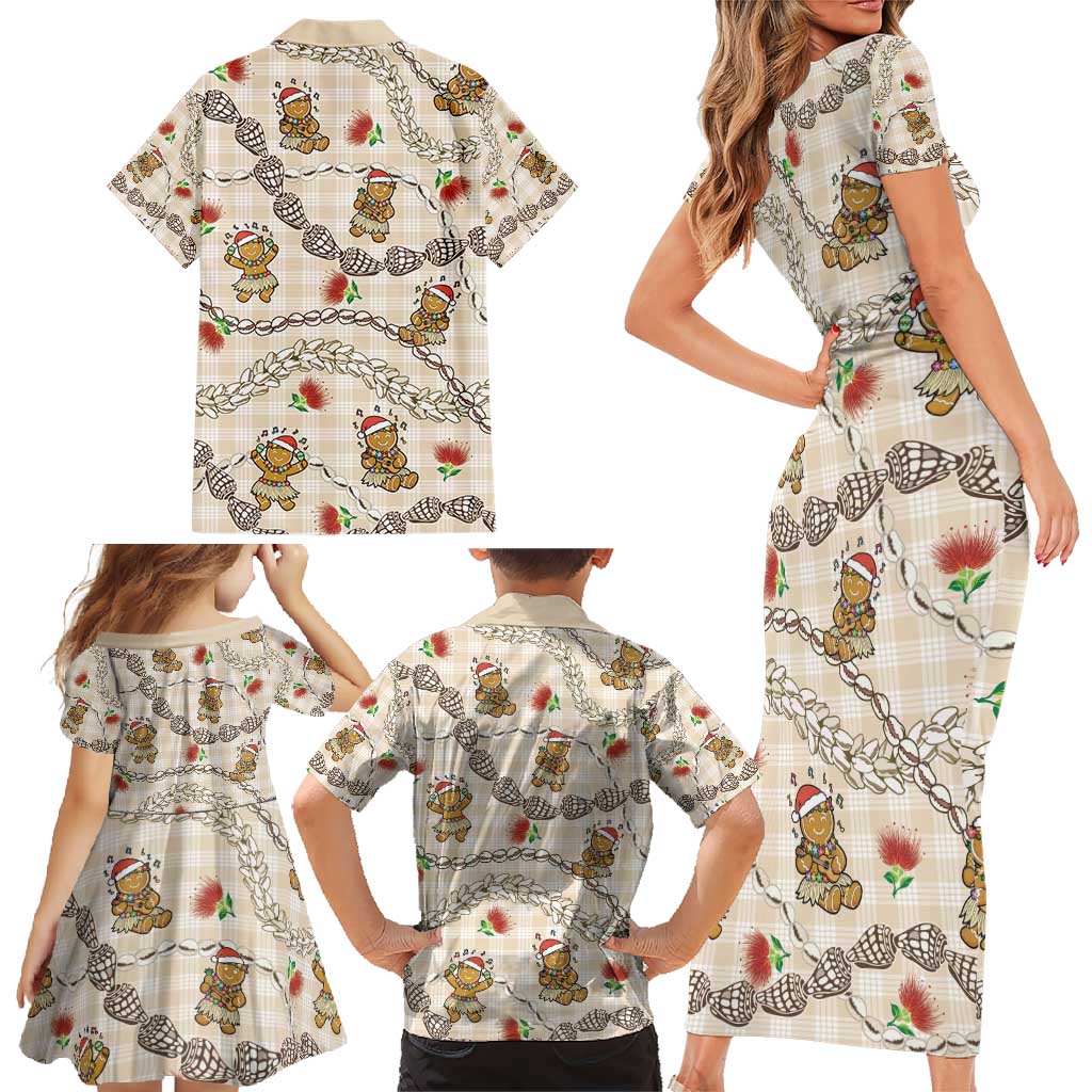 Beige Palaka Hawaii Mele Kalikimaka Family Matching Short Sleeve Bodycon Dress and Hawaiian Shirt Ohia Lehua Shell Leis Funny Gingerbread Santa - Polynesian Pride