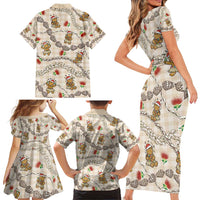 Beige Palaka Hawaii Mele Kalikimaka Family Matching Short Sleeve Bodycon Dress and Hawaiian Shirt Ohia Lehua Shell Leis Funny Gingerbread Santa - Polynesian Pride