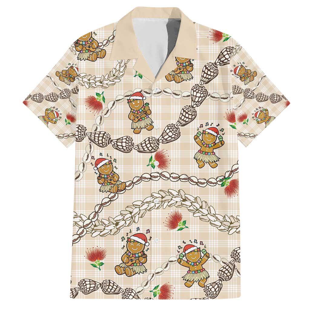Beige Palaka Hawaii Mele Kalikimaka Family Matching Short Sleeve Bodycon Dress and Hawaiian Shirt Ohia Lehua Shell Leis Funny Gingerbread Santa - Polynesian Pride