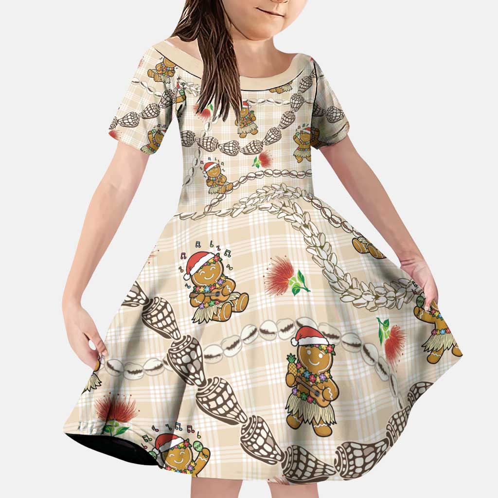 Beige Palaka Hawaii Mele Kalikimaka Family Matching Summer Maxi Dress and Hawaiian Shirt Ohia Lehua Shell Leis Funny Gingerbread Santa LT14 Daughter's Dress Beige - Polynesian Pride